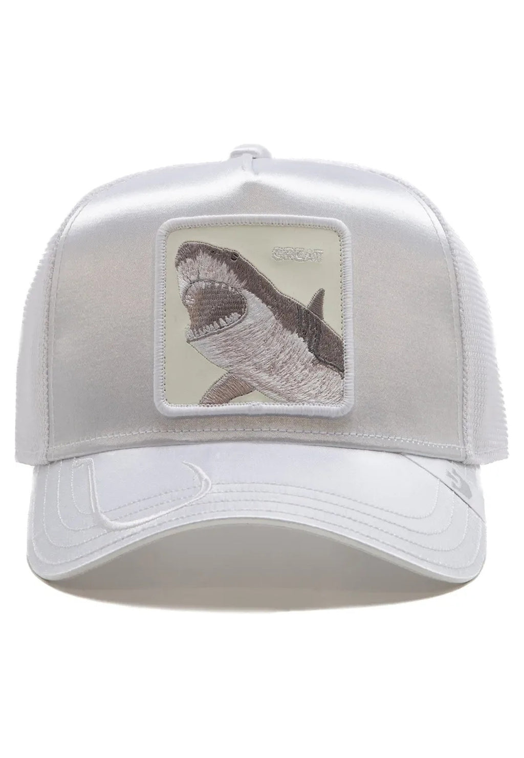 GORRA GOORIN BROS BLANCA TIBURÓN A BIGGER BOAT SATIN TRUCKER CAP