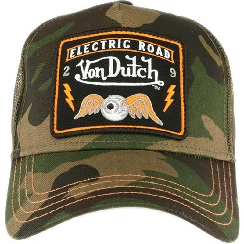 GORRA VON DUTCH VERDE CAMUFLAJE OJO ALADO BORDADO FRENTE VISERA CURVA