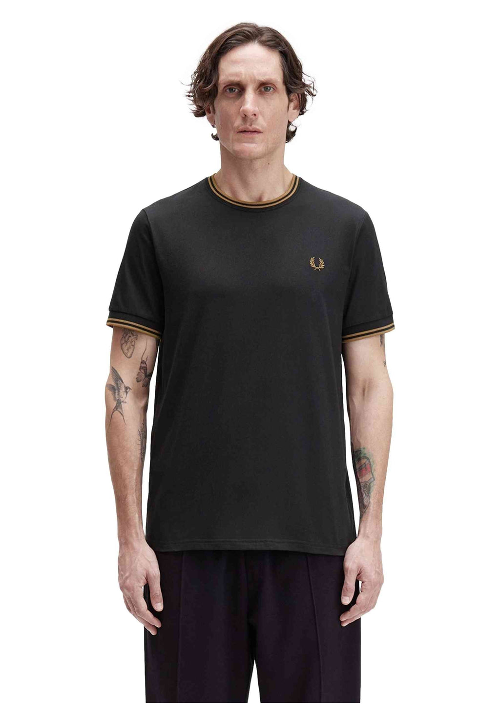 CAMISETA FRED PERRY NEGRA/MARRON CONTRAST RIBETED TEE