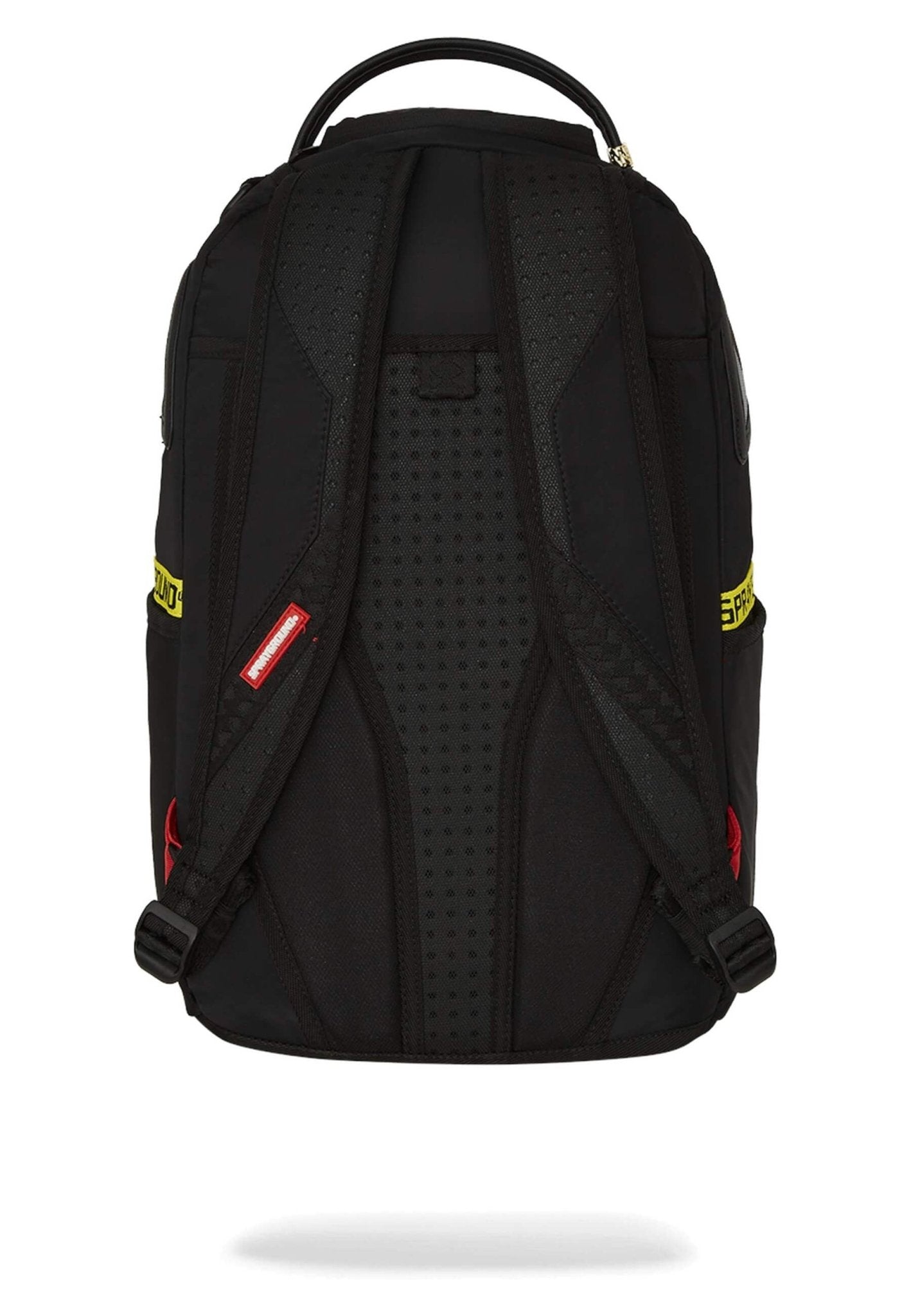 MOCHILA SPRAYGROUND NEGRA SHARK CENTRAL YELLOW TAPE DLX SATIN BACKPACK - AREA ZERO