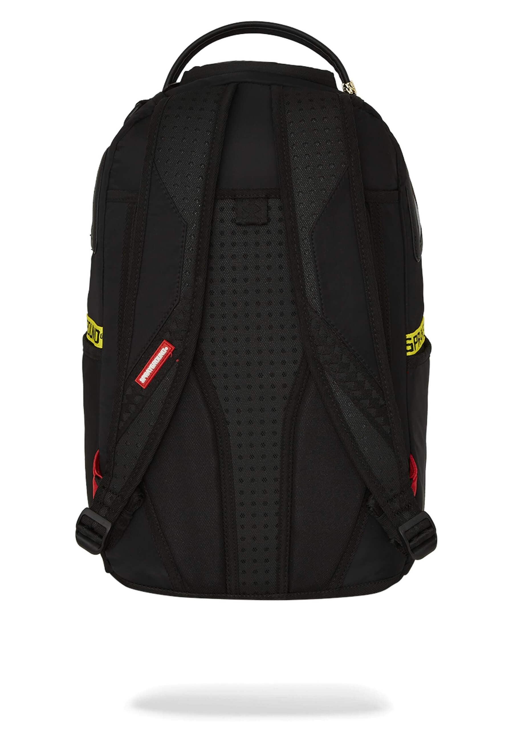 MOCHILA SPRAYGROUND NEGRA SHARK CENTRAL YELLOW TAPE DLX SATIN BACKPACK