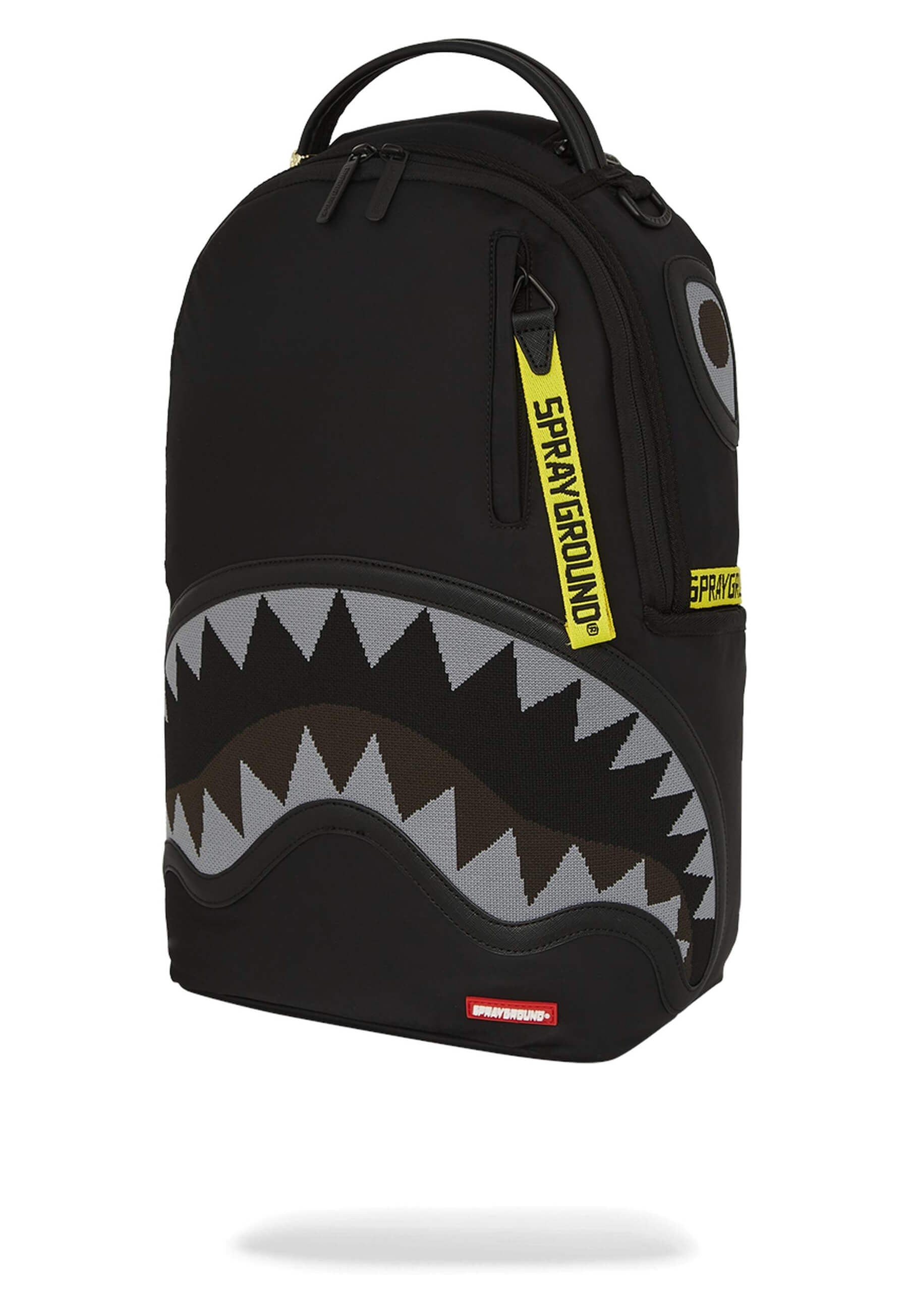 MOCHILA SPRAYGROUND NEGRA SHARK CENTRAL YELLOW TAPE DLX SATIN BACKPACK
