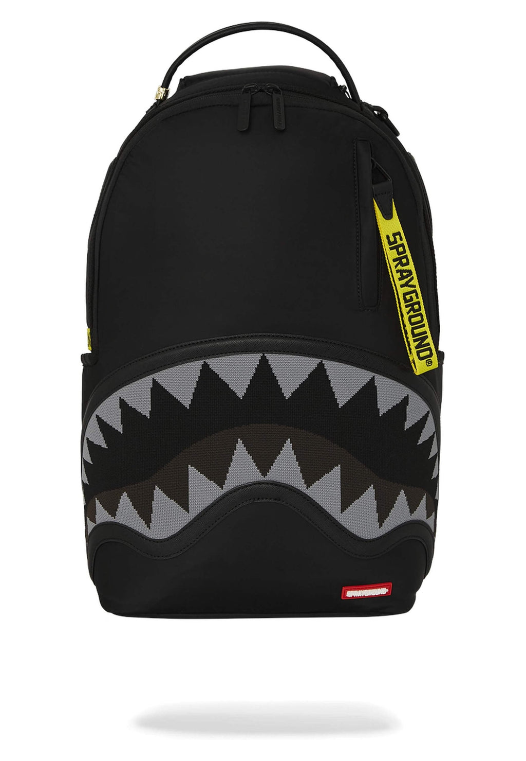 MOCHILA SPRAYGROUND NEGRA SHARK CENTRAL YELLOW TAPE DLX SATIN BACKPACK
