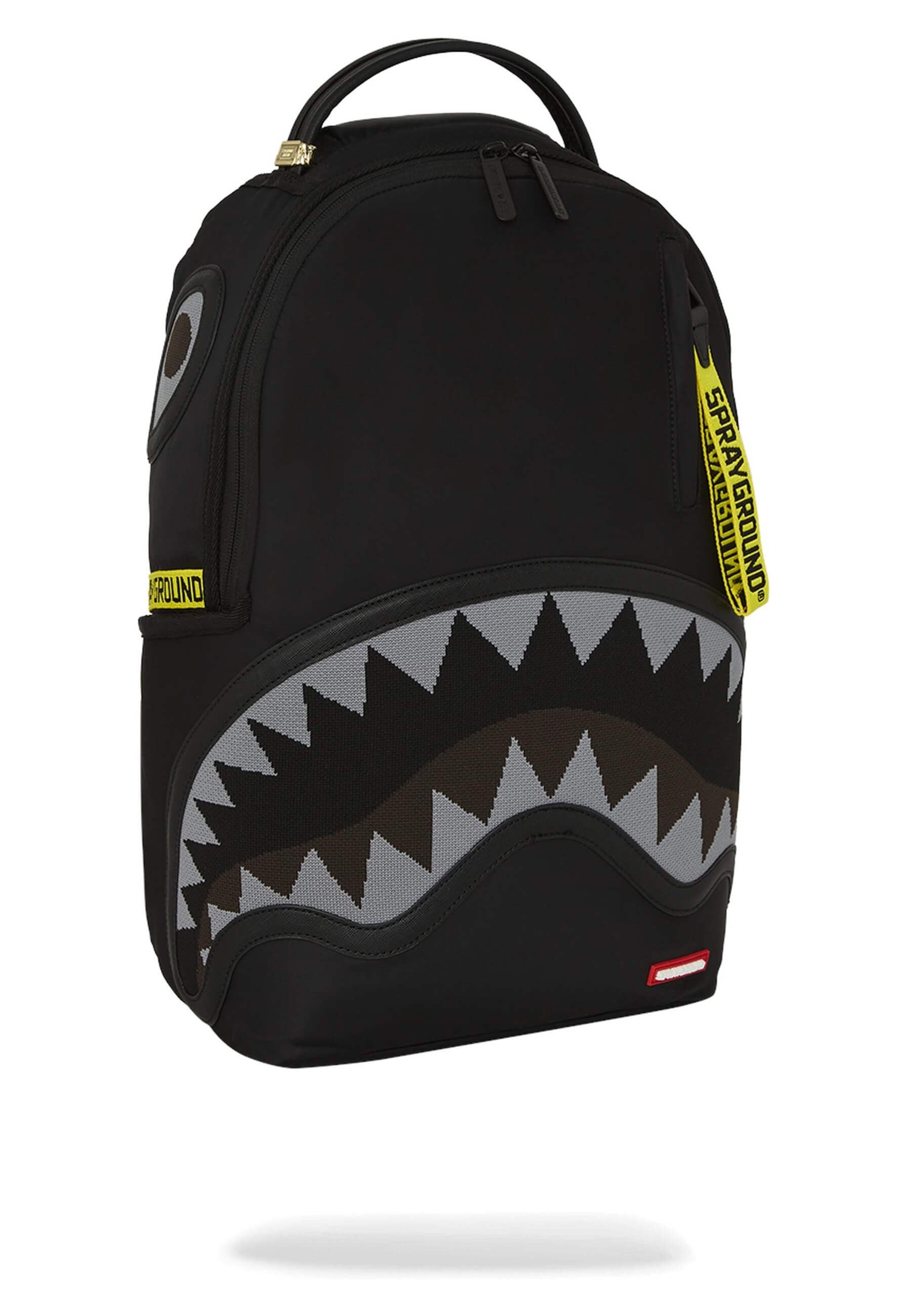 MOCHILA SPRAYGROUND NEGRA SHARK CENTRAL YELLOW TAPE DLX SATIN BACKPACK