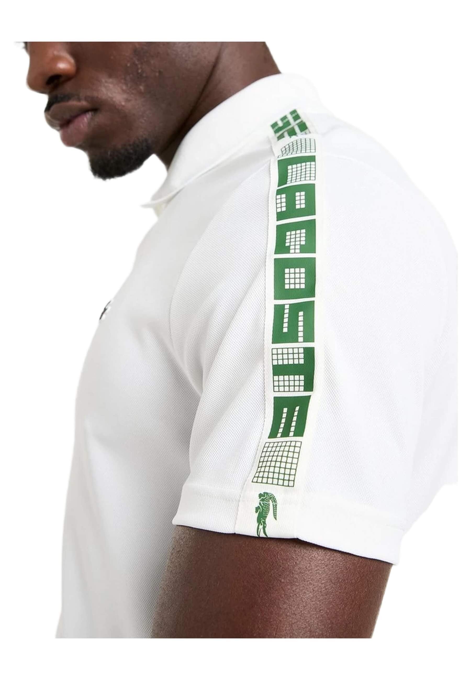 POLO LACOSTE BLANCO ULTRA DRY BRANDED STRIPE TENNIS POLO