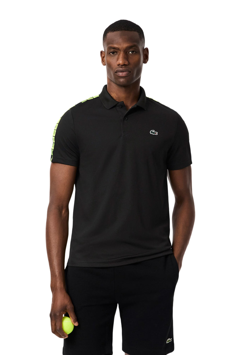 POLO LACOSTE NEGRO ULTRA DRY BRANDED STRIPE TENNIS POLO