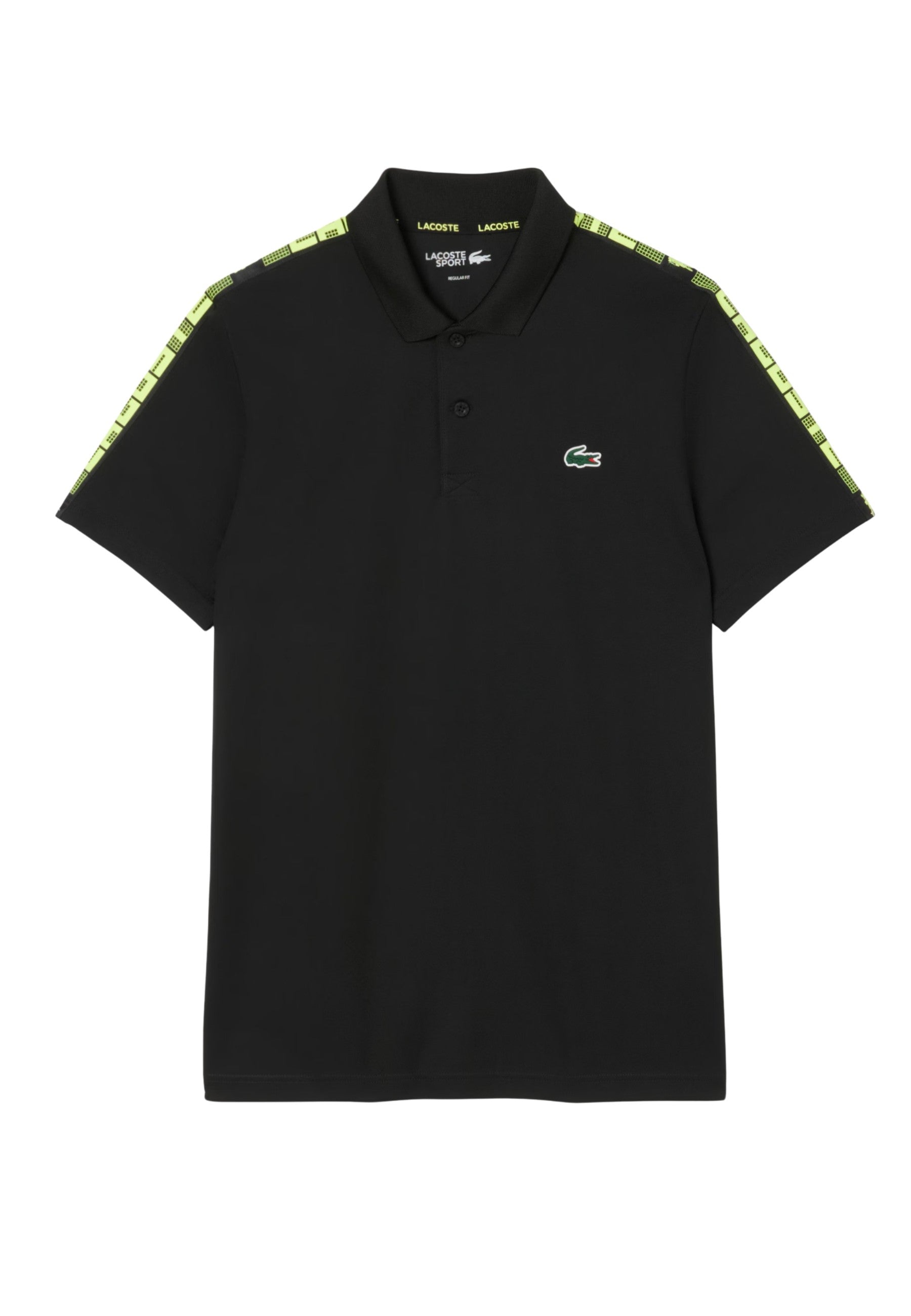POLO LACOSTE NEGRO ULTRA DRY BRANDED STRIPE TENNIS POLO