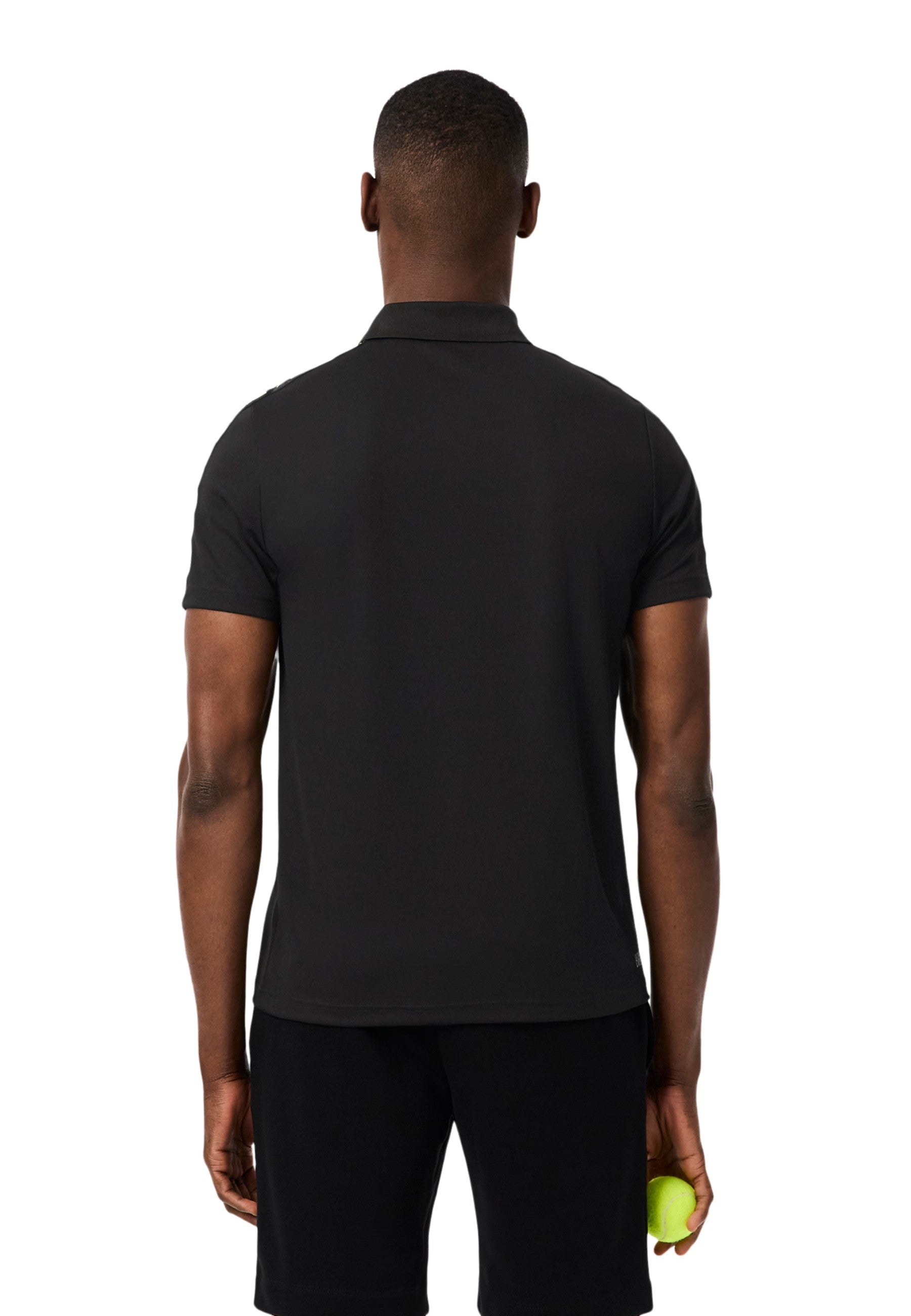 POLO LACOSTE NEGRO ULTRA DRY BRANDED STRIPE TENNIS POLO