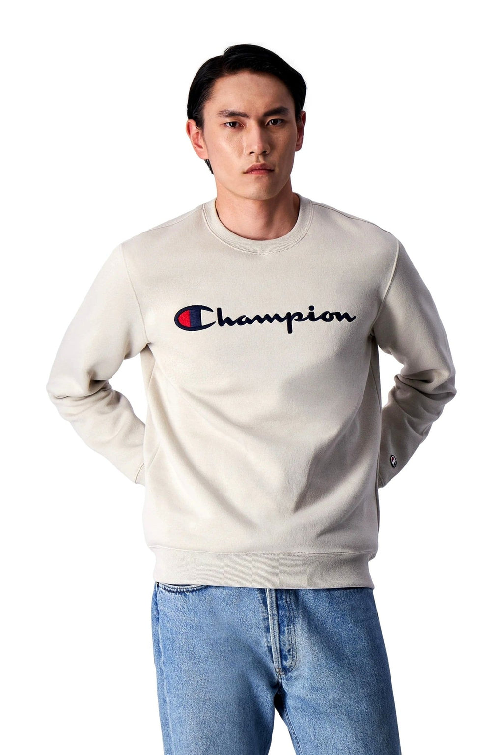 SUDADERA CHAMPION BEIGE EMBROIDERED LOGO CREWNECK SWEATSHIRT - AREA ZERO