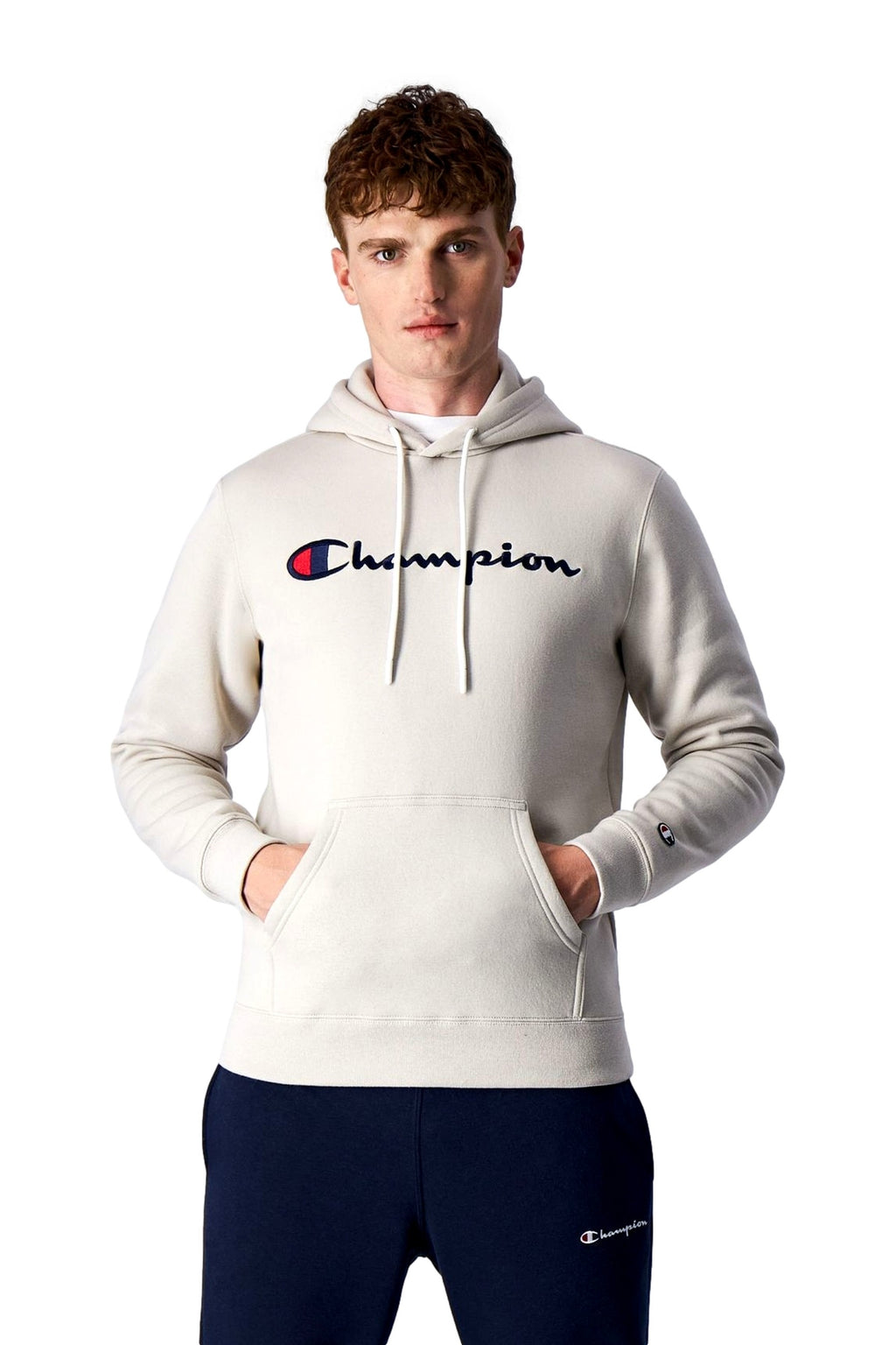 SUDADERA CHAMPION BEIGE EMBROIDERED SCRIPT LOGO HOODIE