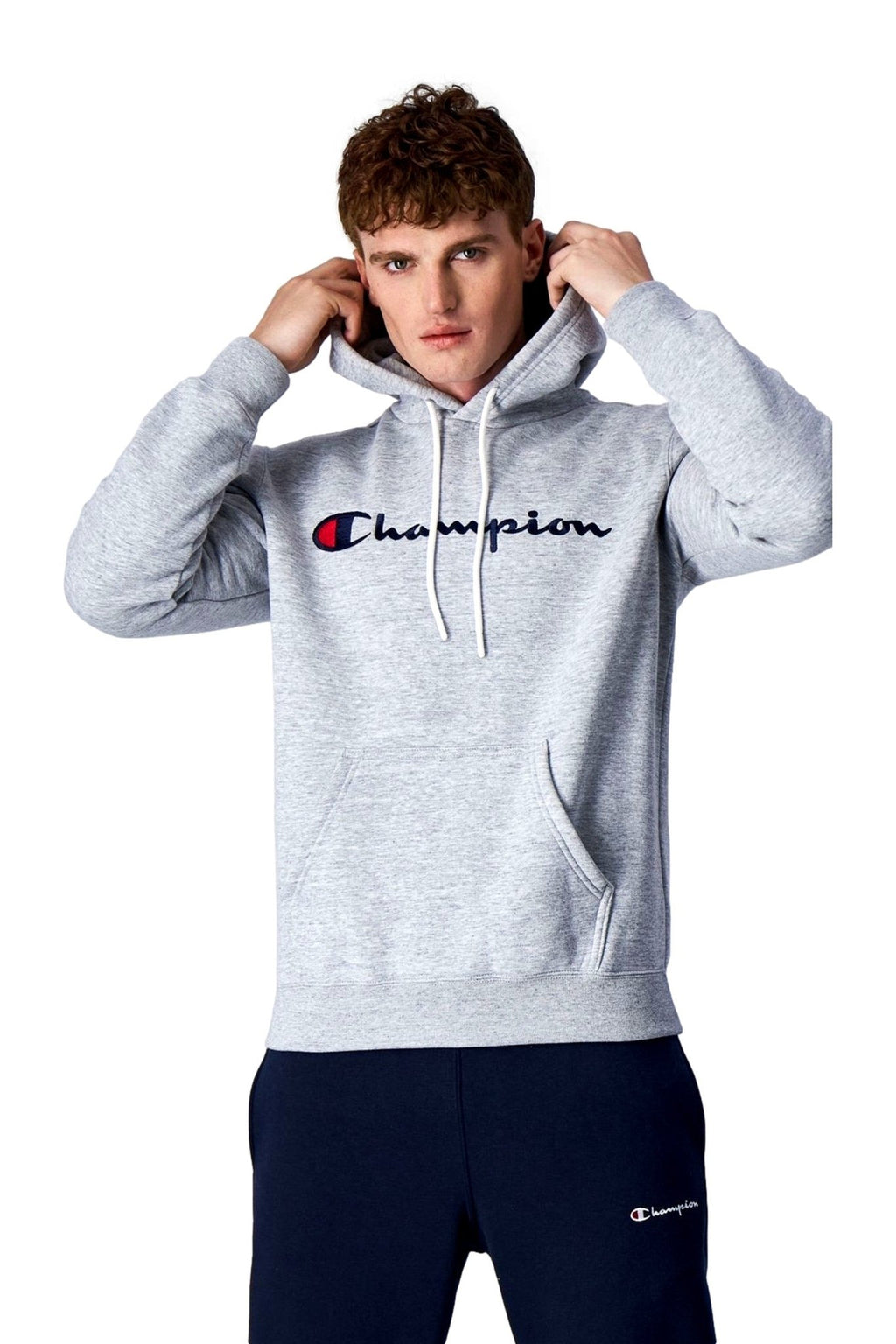 SUDADERA CHAMPION GRIS EMBROIDERED SCRIPT LOGO HOODIE - AREA ZERO